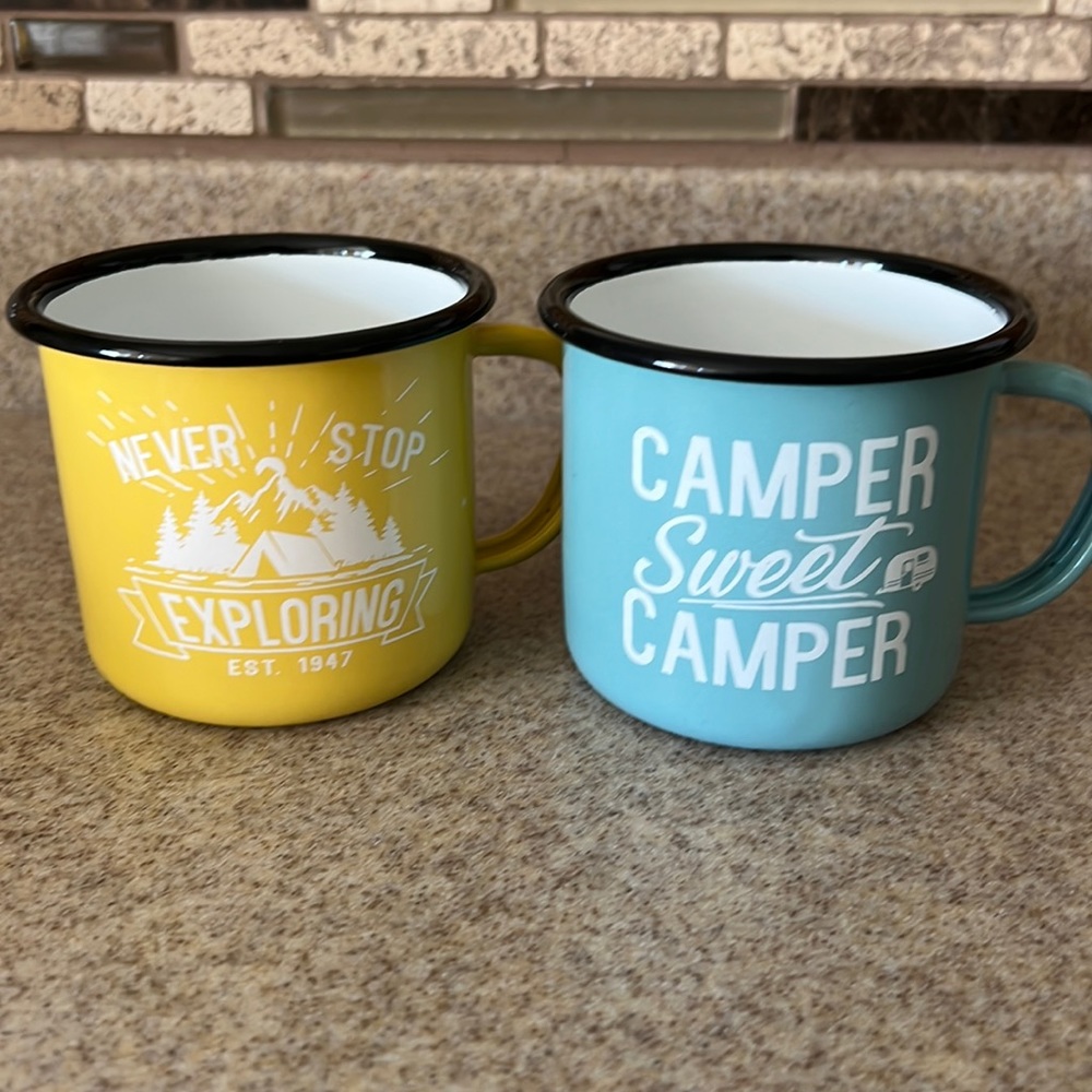 Yellow and Aqua Metal Enamel Camping Mug Set of 2 "Never Stop & Camper rare fine